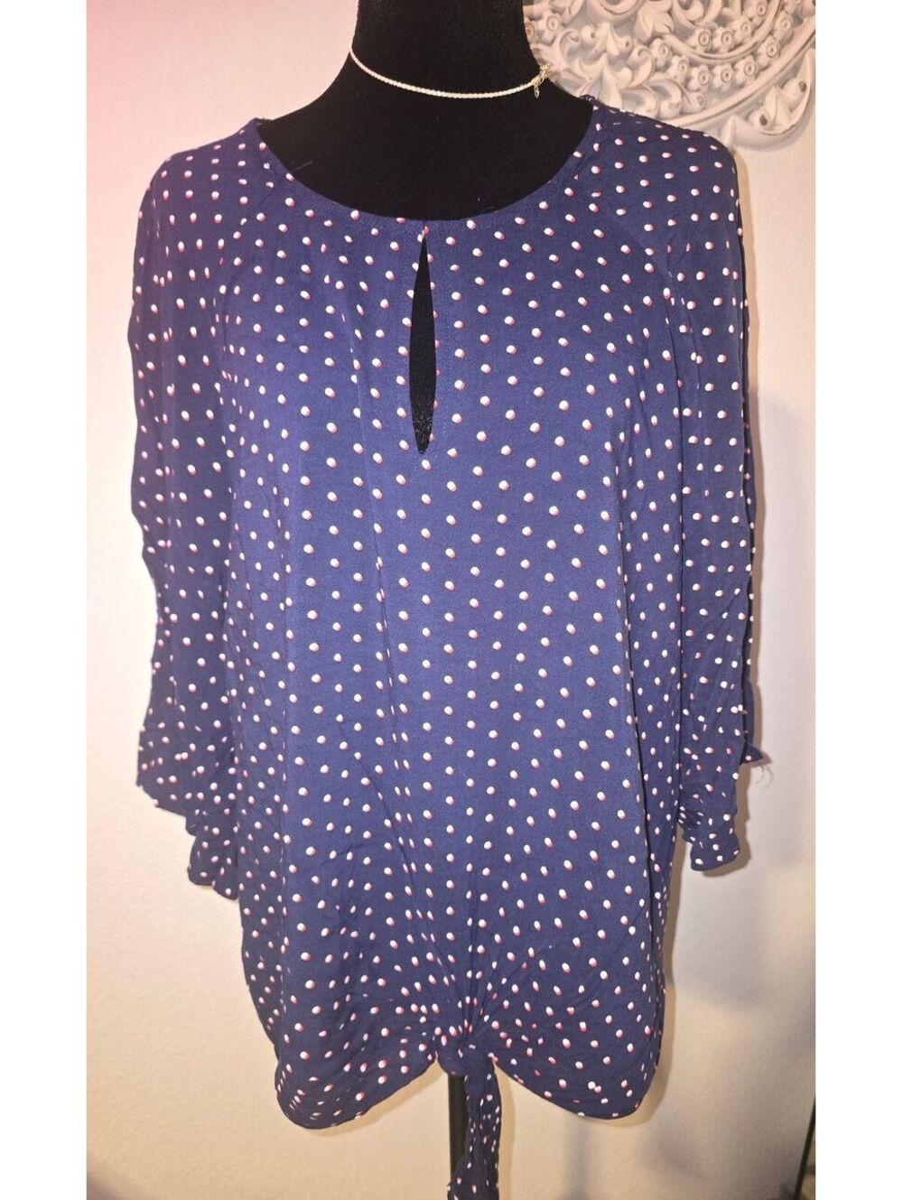 Fred David Navy Blue Polka Dot Blouse 2X